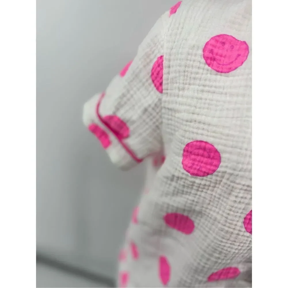 Sassy Shortcake Pink Polka Dot Gauze Pajama Top Button Front Medium